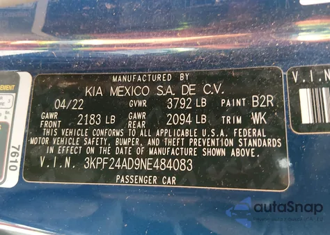 2022 Kia Forte Lxs z USA, uszkodzony, nr VIN 3KPF24AD9NE484083